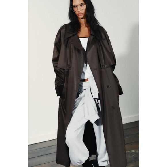 ZARA LONG WAXED TRENCH COAT WITH CORDUROY CUFFS - Picture 1 of 10